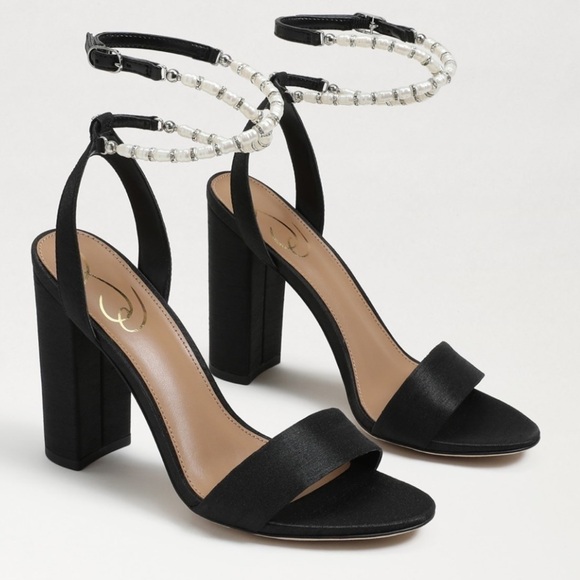 Sam Edelman Yanelli beaded ankle strap Modern black Silk Fabric block heel 7 1/2 - Picture 1 of 13